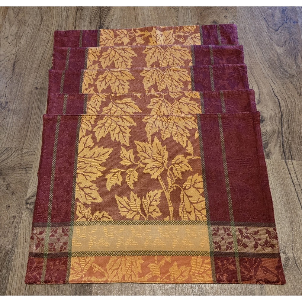 Autumn Leaf Placemats Set of 5 13x18 Fabric Woven Heavy Fall Colors Table Decor